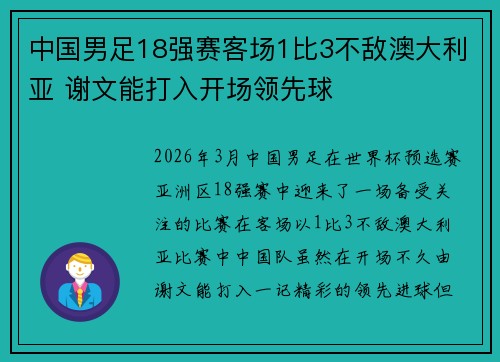 中国男足18强赛客场1比3不敌澳大利亚 谢文能打入开场领先球