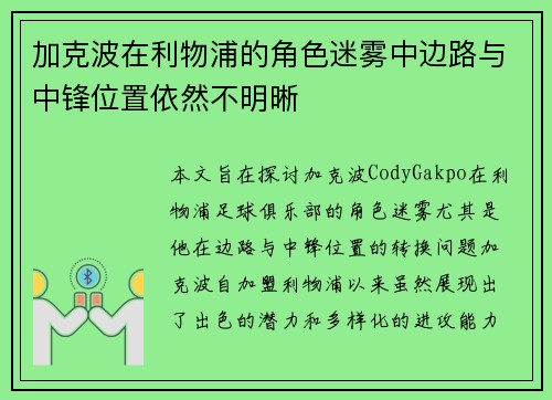 加克波在利物浦的角色迷雾中边路与中锋位置依然不明晰