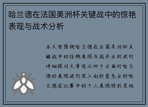 哈兰德在法国美洲杯关键战中的惊艳表现与战术分析